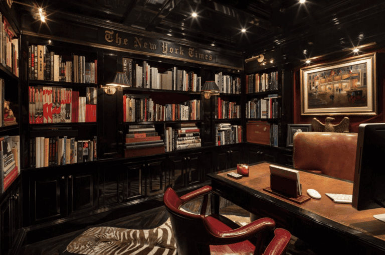 Luxury private library office with dark wood bookshelves and leather furniture - Iridium Development Inc.